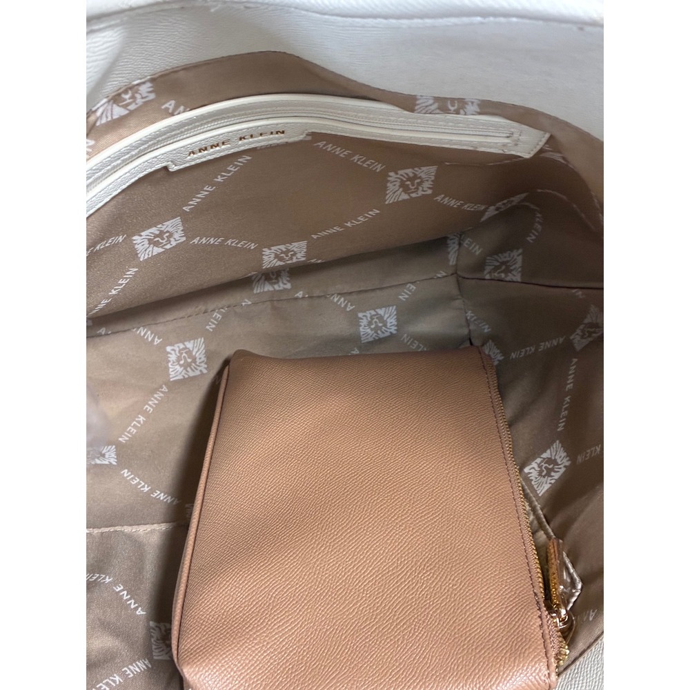 Anne Klein Two Tone Cream Cognac Brown Faux Leather Tote Bag with Pouch NWT - Picture 7 of 9